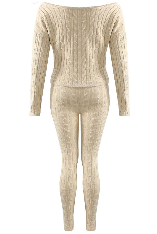 Beige Cable Knit Off The Shoulder Jumper & Legging Co-Ord