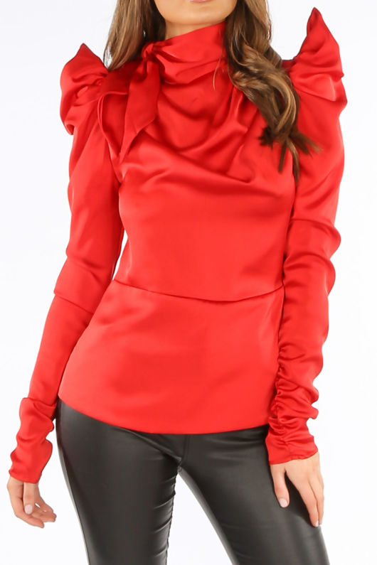 Red Satin Structured Blouse With Neck Tie
