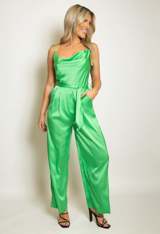 Green Satin Cowl Neck Belted Jumpsuit