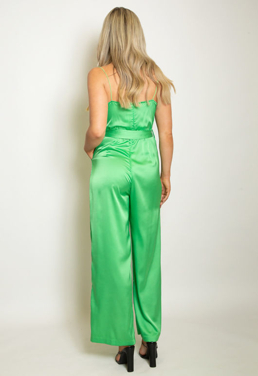 Green Satin Cowl Neck Belted Jumpsuit