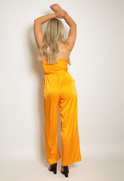 Orange Satin Cowl Neck Belted Jumpsuit