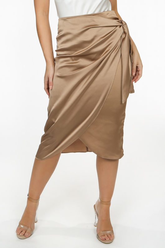 Taupe Satin Wrap Midi Skirt