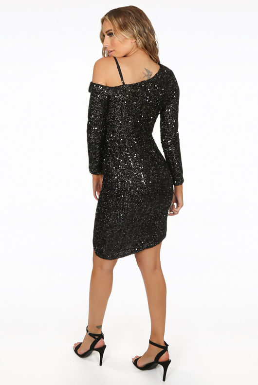 Black Grid Sequin One Shoulder Wrap Mini Dress