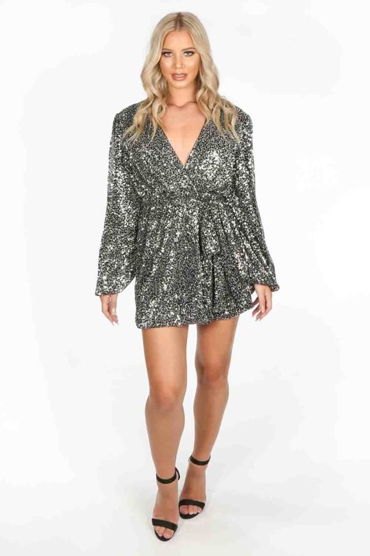 Long Sleeve Sequin Wrap Front Mini Dress in Silver