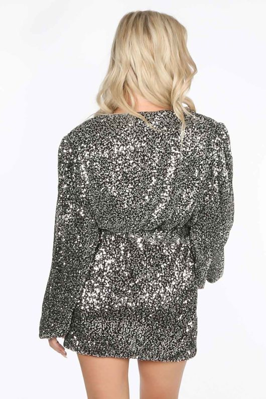 Long Sleeve Sequin Wrap Front Mini Dress in Silver