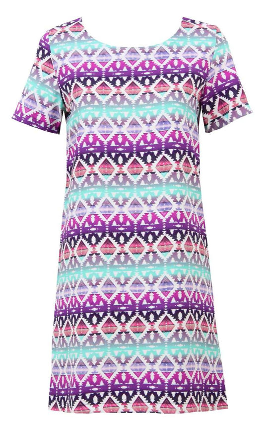 Turquoise Purple White Diamond Print Back Zip Up Shift Dress