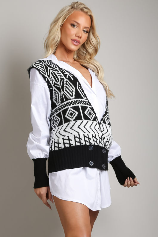 Shirt Dress With Black Aztec Print Sleeveless Cardigan 