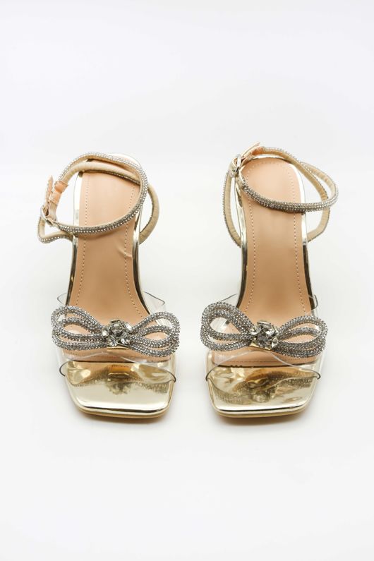 Gold Wrap Around Diamante Bow Heels