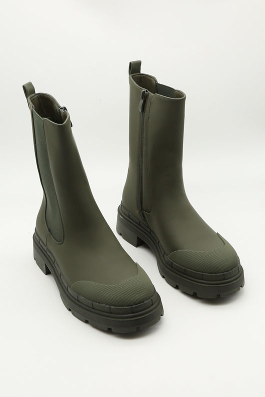Khaki Chunky Side Zip Ankle Boots