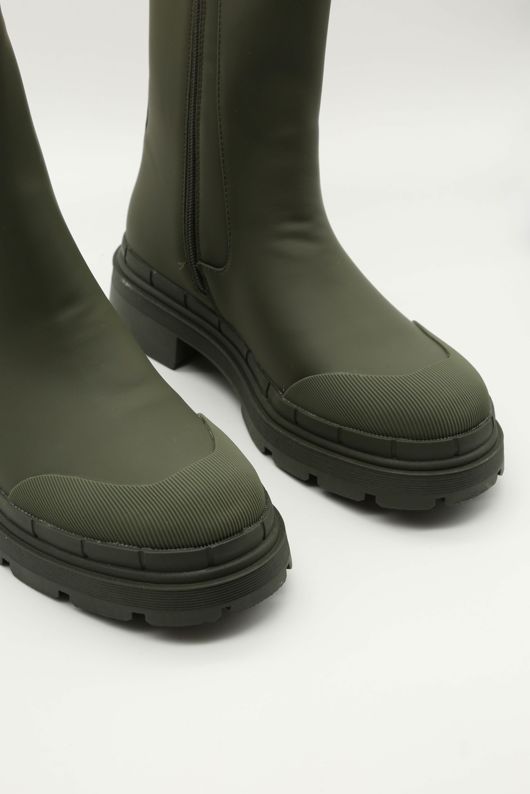 Khaki Chunky Side Zip Ankle Boots