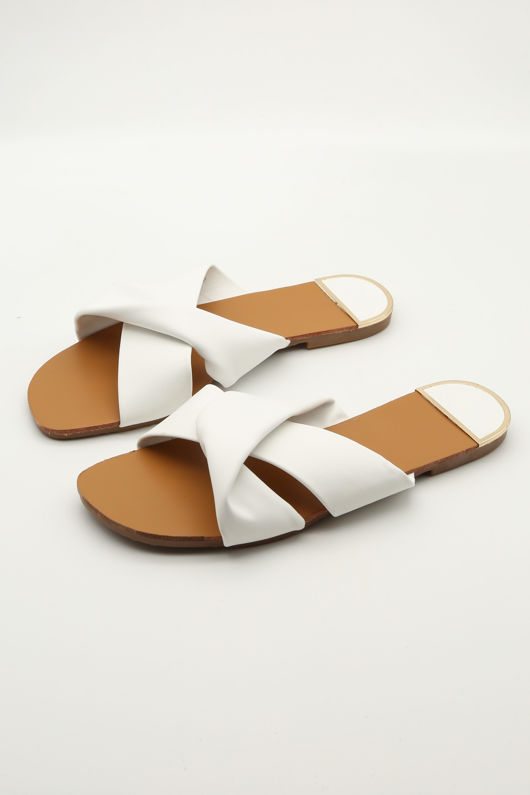 White PU Double Strap Mule Flat Sandal