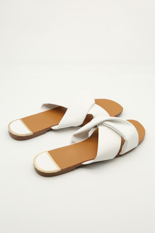 White PU Double Strap Mule Flat Sandal