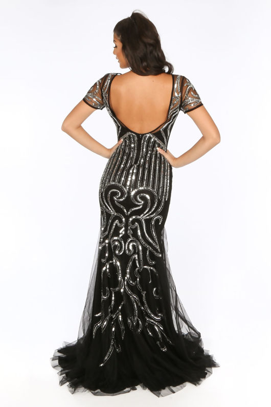 Black Premium Collection Short Sleeve Sequin Mesh Maxi Dress