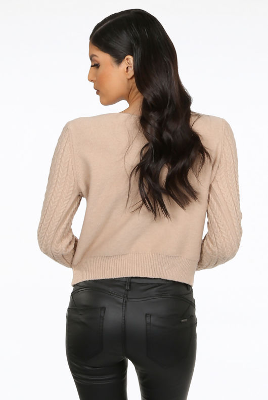 Beige Pearl Embellished V-Neck Jumper