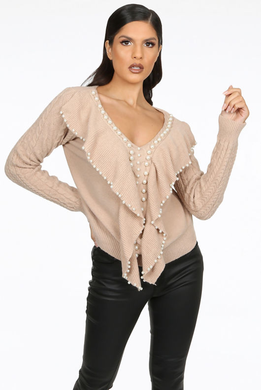 Beige Pearl Embellished V-Neck Jumper