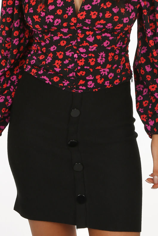 Black Front Button Up Mini Skirt