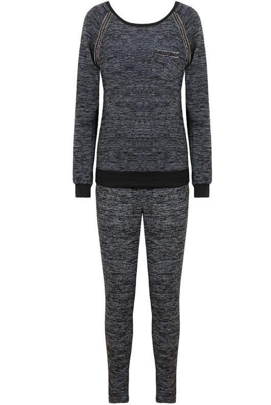 Grey Knitted Stud & Zip Detail Top & Pant Set