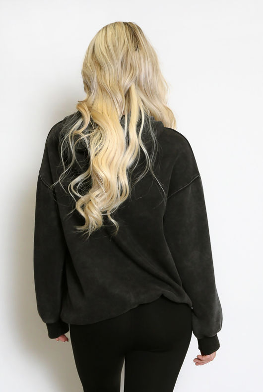 Grey Wave Print Acid Wash Hoodie