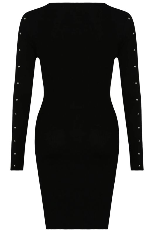 Black Silver Pearls Trim Crossover Hem Dress