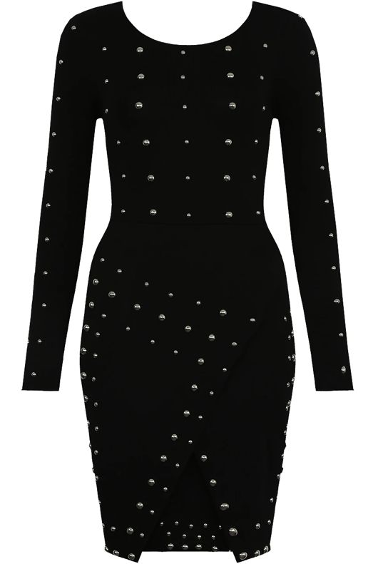 Black Silver Pearls Trim Crossover Hem Dress