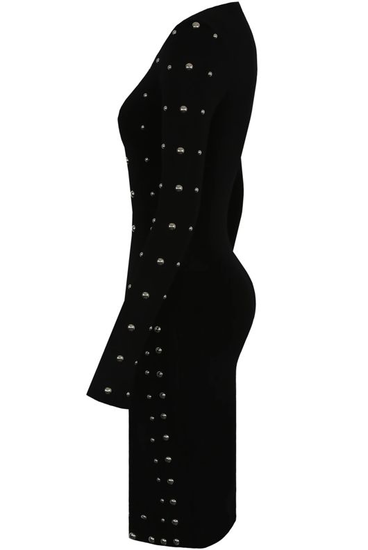 Black Silver Pearls Trim Crossover Hem Dress