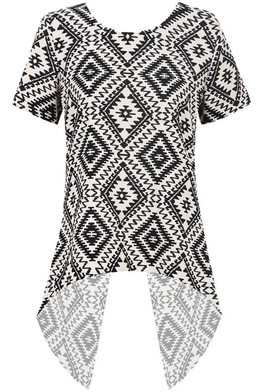 Monochrome Aztec Print Back Cut Out High Low Tops