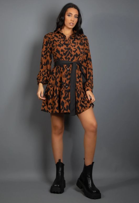 Brown Animal Print Belted Mini Dress