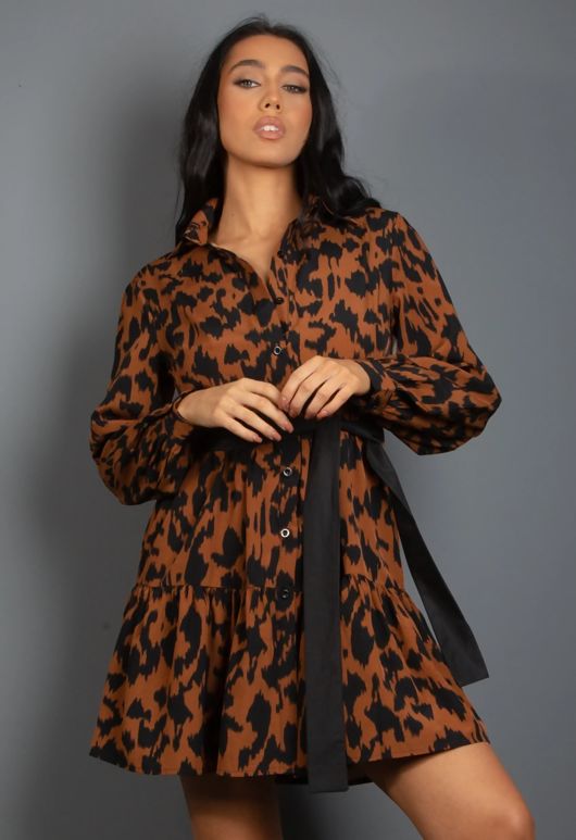 Brown Animal Print Belted Mini Dress