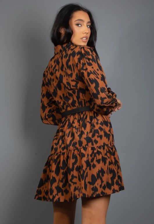 Brown Animal Print Belted Mini Dress