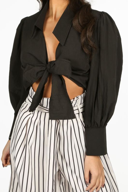 Black Tie Front Cropped Shirt 