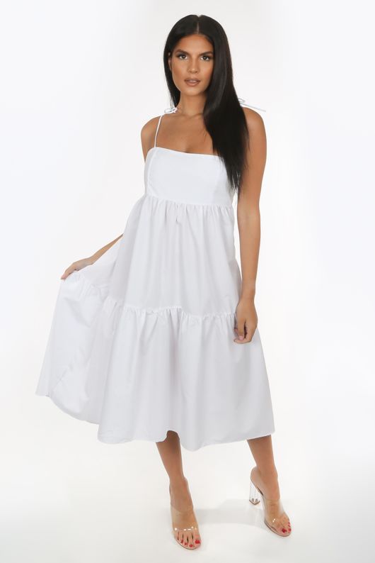 White Tie Shoulder Midi Dress