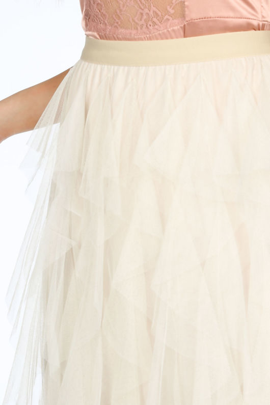 Beige Ruffle Draped Midi Tulle Skirt