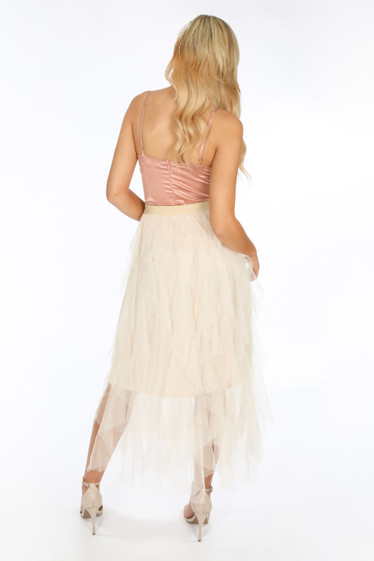 Beige Ruffle Draped Midi Tulle Skirt