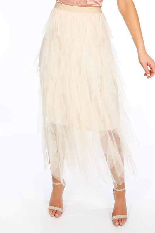 Beige Ruffle Draped Midi Tulle Skirt