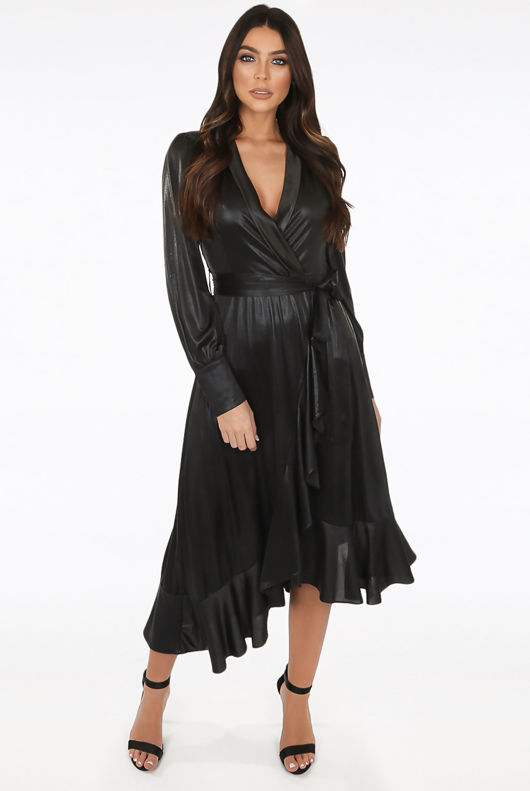 Black Foil Front Tie Up Asymmetric Wrap Dress