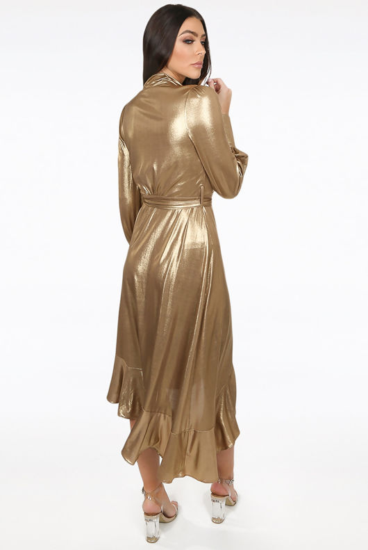 Gold Foil Front Tie Up Asymmetric Wrap Dress
