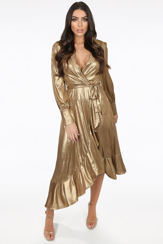 Gold Foil Front Tie Up Asymmetric Wrap Dress