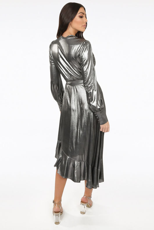 Silver Foil Front Tie Up Asymmetric Wrap Dress