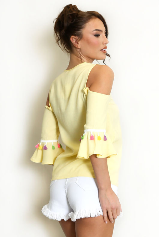 Embroidered Cold Shoulder Tassel Top In Yellow