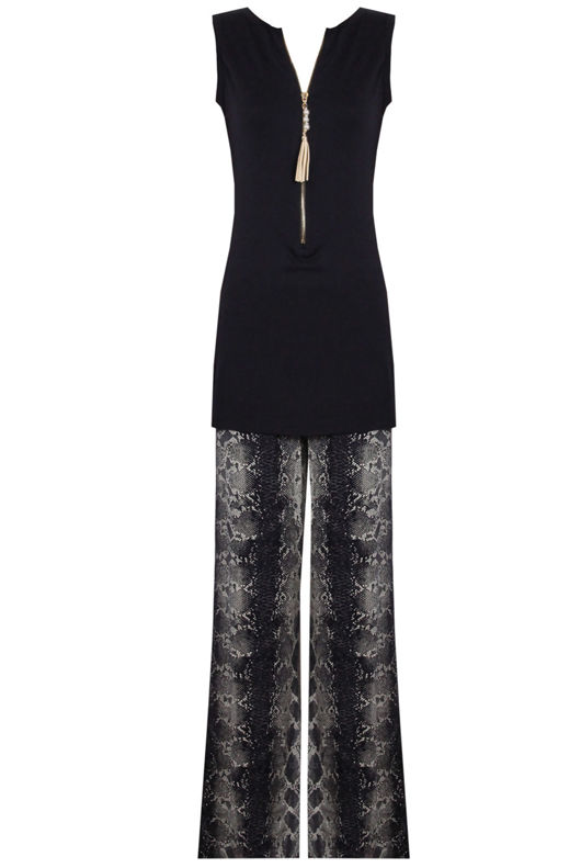 Navy Zip Detail Top & Snake Print Loungewear Set