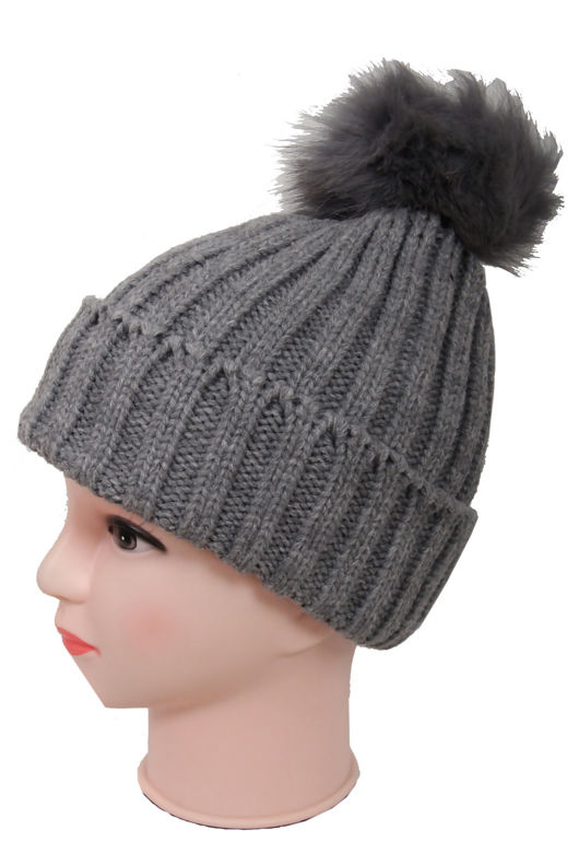 Grey Real fur pom pom knit winter hat