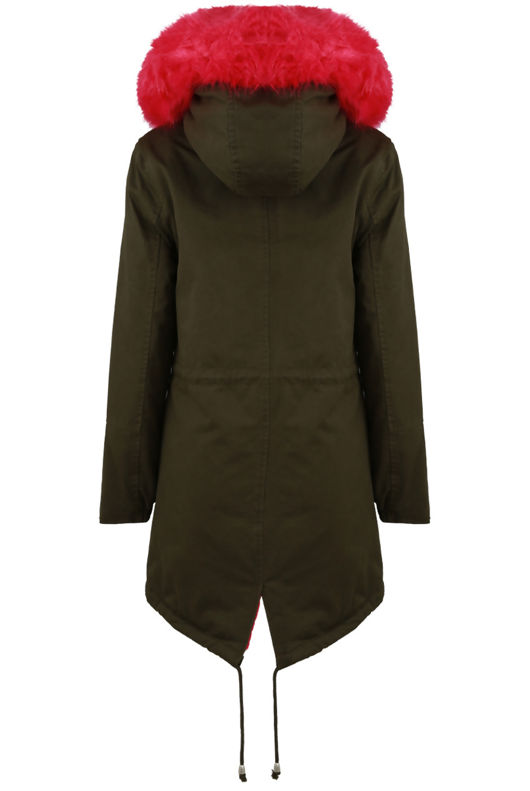  Neon Pink Fur Line Khaki Parka