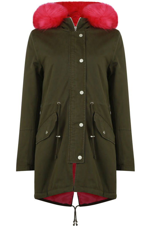  Neon Pink Fur Line Khaki Parka