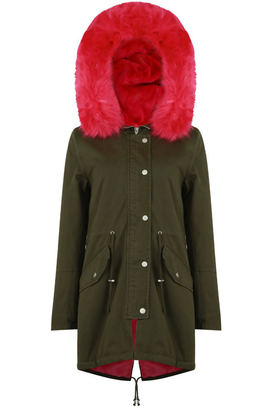  Neon Pink Fur Line Khaki Parka