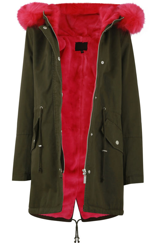  Neon Pink Fur Line Khaki Parka