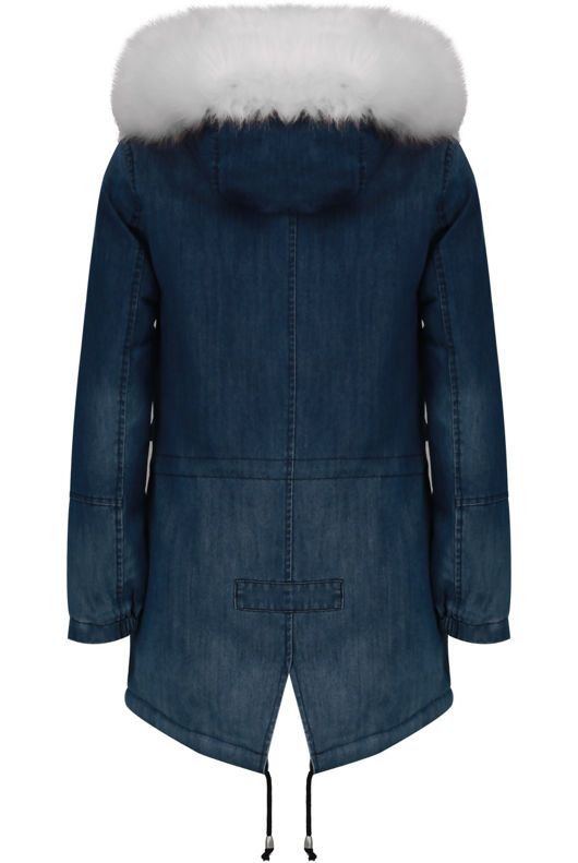 White Fur Hood Fleece Lined Denim Jacket 