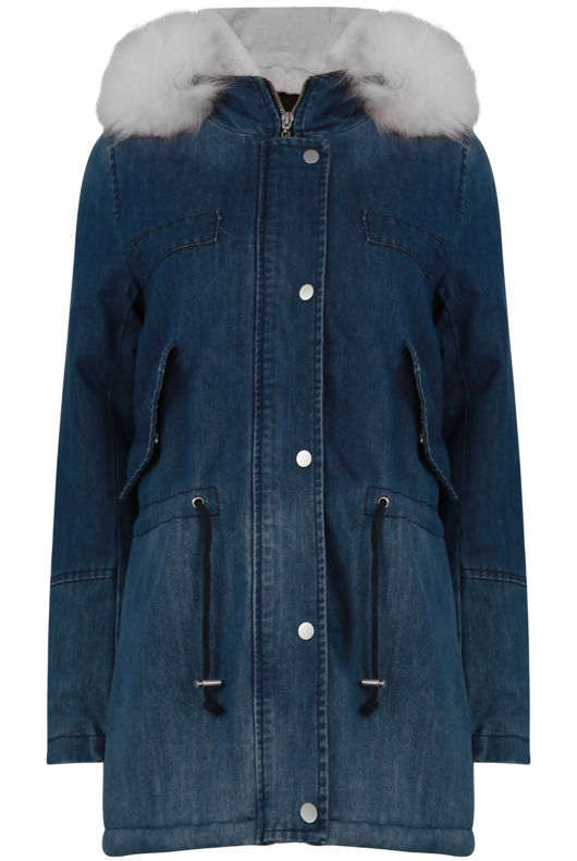 White Fur Hood Fleece Lined Denim Jacket 