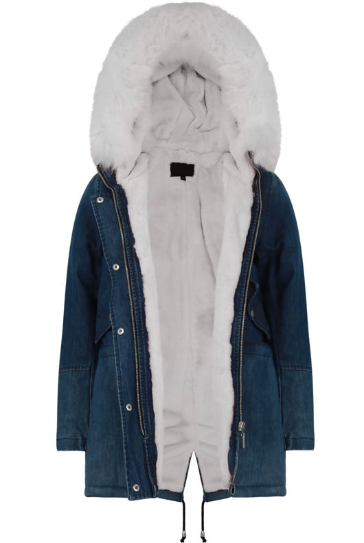 White Fur Hood Fleece Lined Denim Jacket 