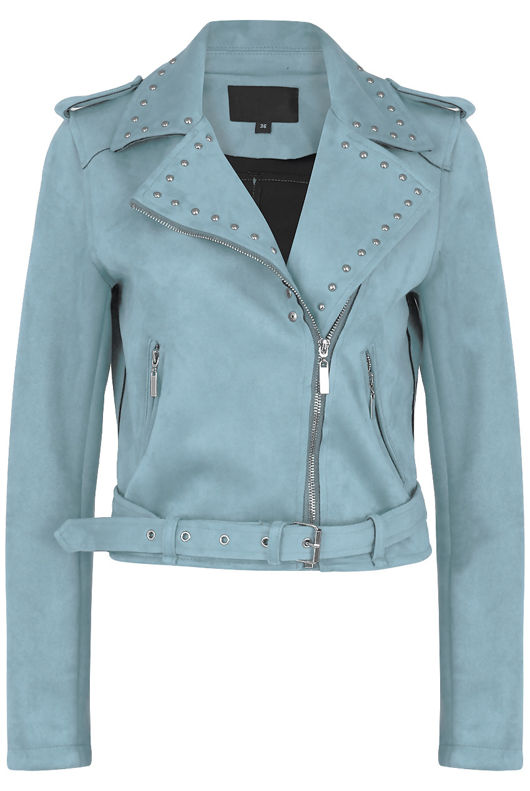 Sky Blue Suede Studs Biker Jacket