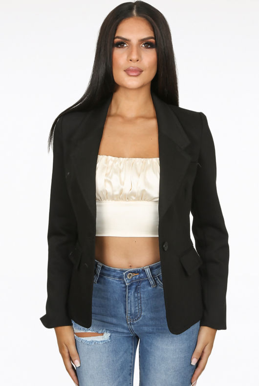 Button Up Side Pocketed Black Blazer